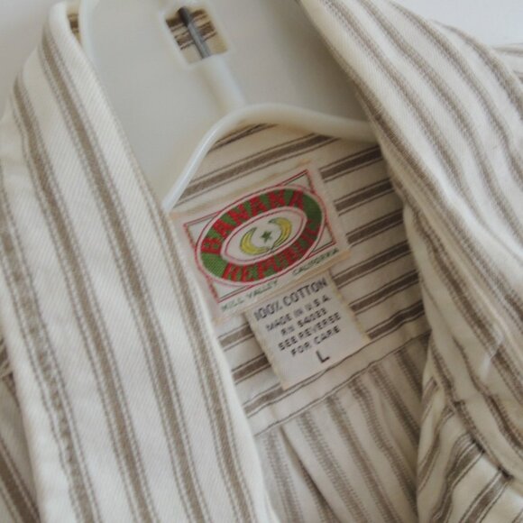 Banana Republic Shirt Size M Off White + Tan Cotton Ticking L/S - Vtg 80s Label - Picture 4 of 8
